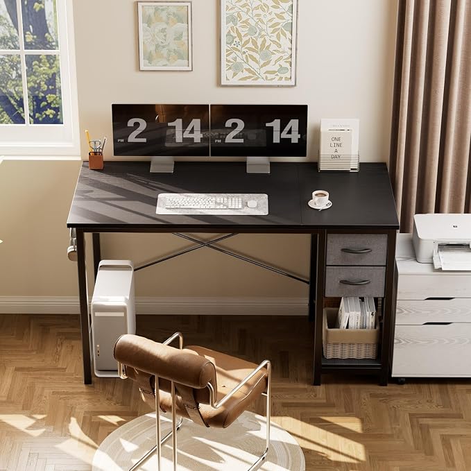 Sweetcrispy 40-Inch Computer Desk with Drawers, Office Desk, Black | Small Desk for Bedroom Home Office with Side Hook, Modern Simple Desk with Storage for Writing