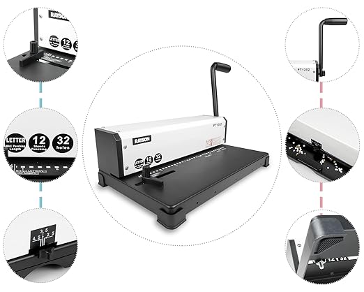 RAYSON PT1202 3:1 Coil and Click Binding Machine, 32-Hole, 12-Sheet Punch | 32 square holes for Letter-size sheets, with 2.5, 3.5, and 4.5 mm margins for 3:1 spiral and click binding