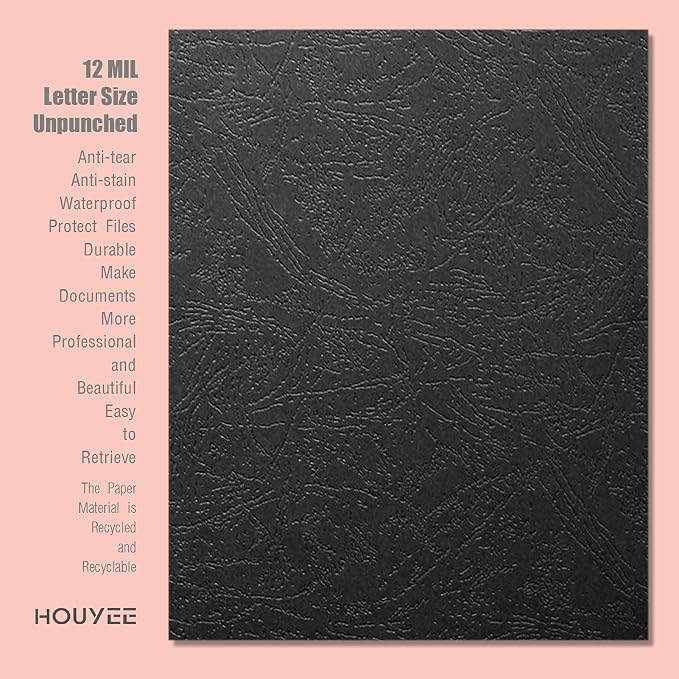 HOUYEE 100 Pack 12 Mil Paper Binding Covers, 90 lb Leather Texture, Black | Binding Presentation Covers, 8.5x11 Inches, Letter Size, Un-Punched, for Office School