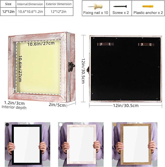 TJ.MOREE Shadow Box 12 x 12 Display Case Wood Picture Frame White Pink | Memory Box with Linen Back for Memorabilia, Bouquet, Military Medals, Pet Memorial Gifts