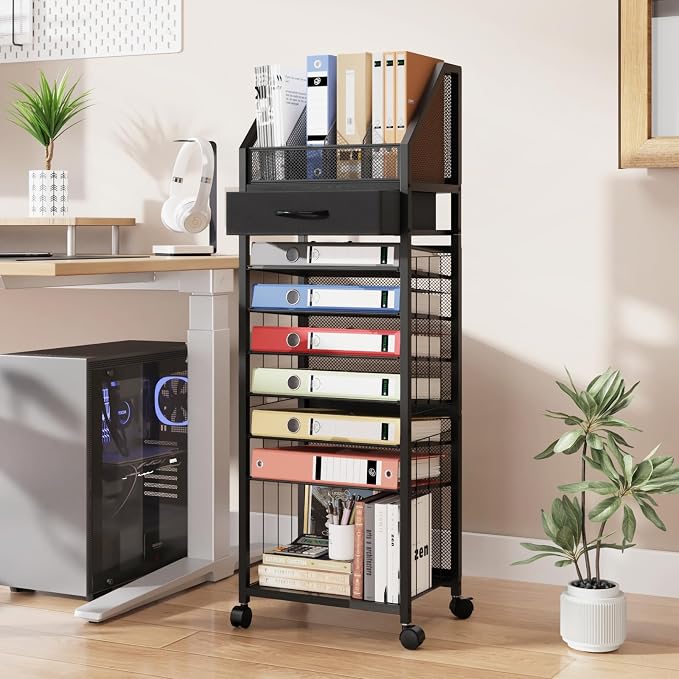 SWTYMIKI 9-Tier Rolling File Cart - Paper Organizer with Drawer and Trays, Wood Desk Office Organizer, Office Organization and Binder Storage for Workspace, Home, School, Black