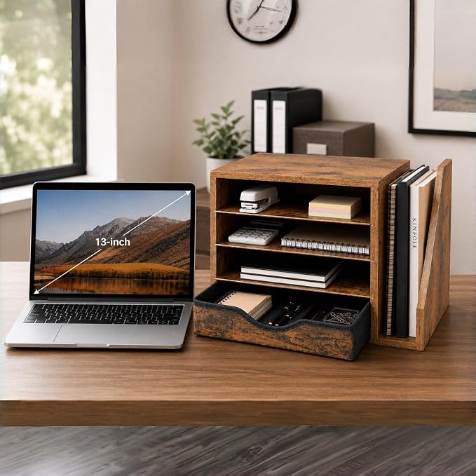 Wooden Desk Organizer with Drawers, Office Paper Mail and Organizer Wood | Four adjustable shelves and a 12-inch drawer organize papers, mail, folders, notebooks, and everyday office supplies.