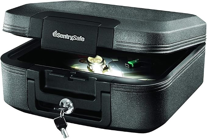 SentrySafe Fireproof and Waterproof Chest Box with Key Lock, Black Travel Safe with Interior Lighting and Carrying Handle, 0.28 Cubic Feet, 6.6 x 15.4 x 14.3 Inches, CHW20205