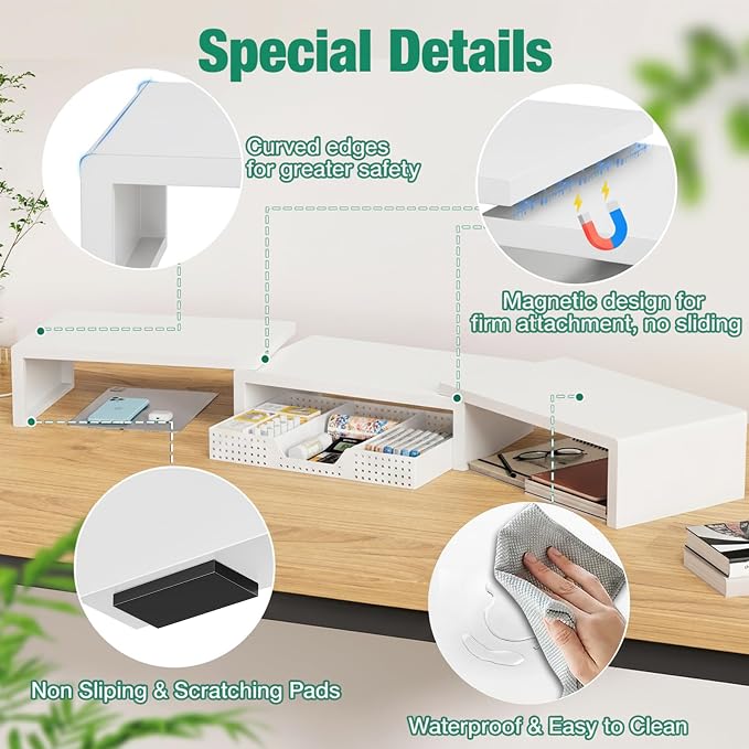 Dual Computer Monitor Stand Riser, Desk Organizer with Drawer, Office Desk Accessories & Workspace Organizers for Home Office Supplies, White