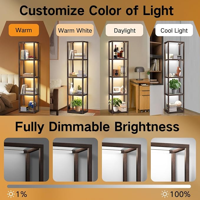 OUTON 67" Glass Display Shelf with Dimmable LED Floor Lamp, Collectibles Display Cabinet with Remote & App Control, 5 Tier Open Bookshelf Lamp for Living Room, Bedroom, Office, Home Decor, Walnut