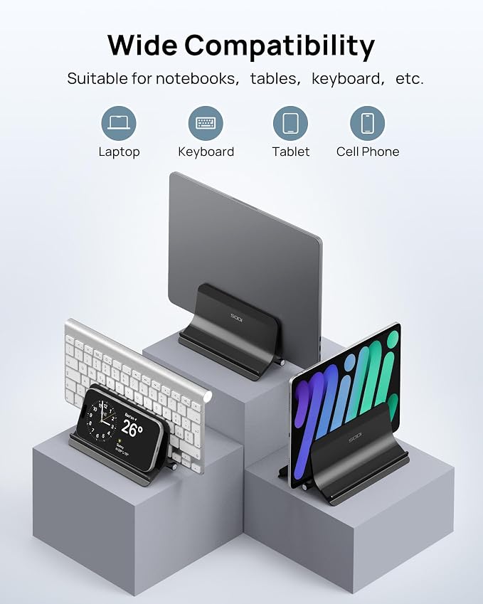 Vertical Laptop Stand Holder for Desk Compatible with MacBook Air, MacBook Pro Stand Vertical Aluminum Up to 17 inch, Gravity Auto-Lock Cooling, 3-in-1 Space Saving Desk Organizer Accessories