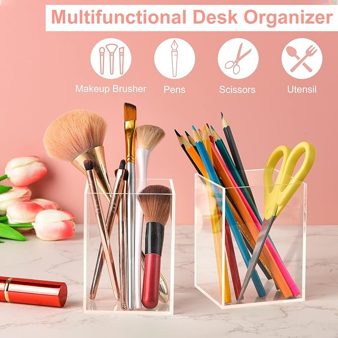 Mototo 8 Pieces Clear Acrylic Pen Holder Acrylic Pencil Cup Clear Makeup Bush Holder Acrylic Desktop Stationery Organizer for Office School Home Desk Accessories (8 Pack, Square)