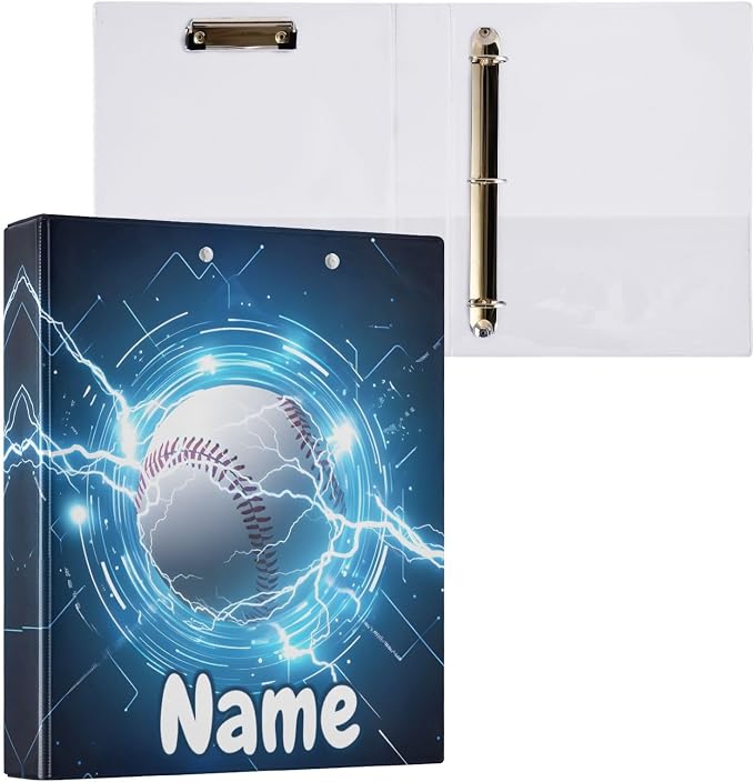 Custom 3 Ring Binder Baseball Lightning 1.5" Round Ring Binders Personalized Name View Binder with 200 Sheet for Kids School Supplies Women Men Office, 1 Pack