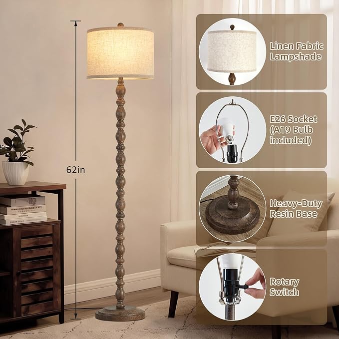 62" Floor Lamp, Adjustable Color Temperature Farmhouse Standing Lamp, Retro Rustic Tall Floor Lamps with Rotary Switch, Resin Standing Lamp for for Living Room,Bedroom,House, Office(Grayish Brown)