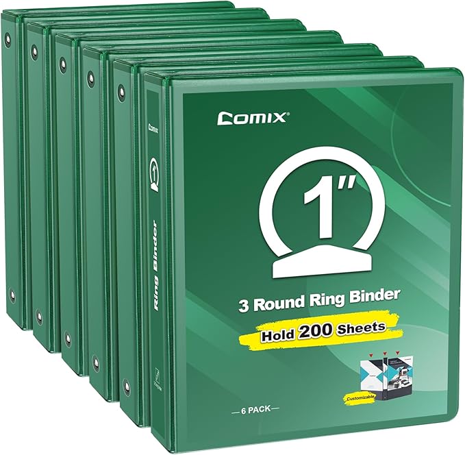 COMIX Sturdy 1 Inch 3 Ring Binder with Clear View Cover | 1"Heavy Duty Round Ring,PVC-Free Board,Holds 200 Letter Sheets,Wholesale for Offices & Classrooms,6 Pack (Green)