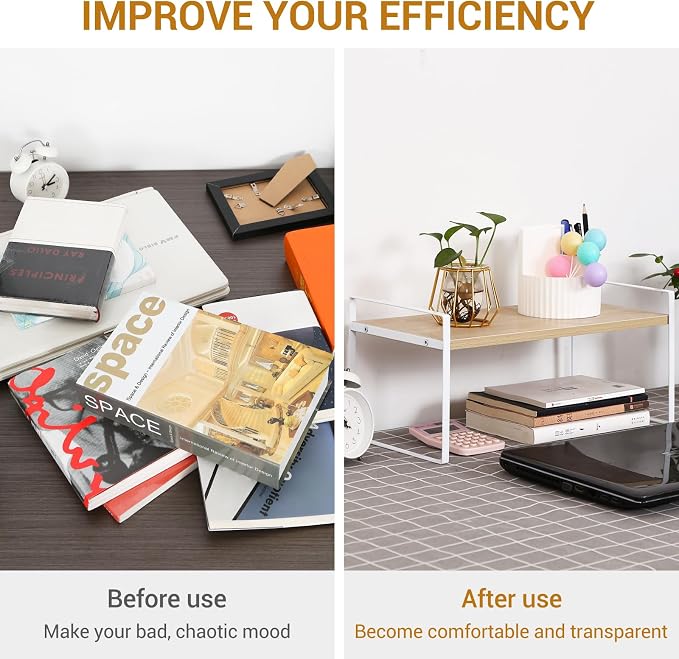 YGYQZ Desk Shelf Organizer for Top of Desk, 1-Tier Desktop Bookshelf, White & Wood