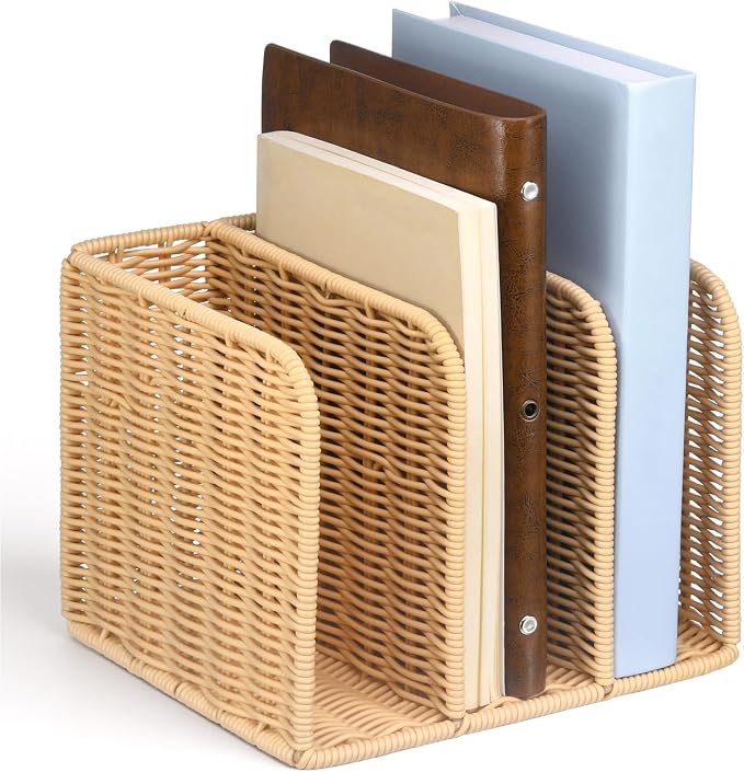 Novabright Synthetic Rattan File Magazine Holder Desk Organizer, 3 Vertical Compartments Workspace Sorters for Magazines, Binders, Notebooks, Envelopes