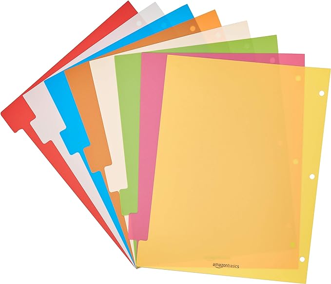 Amazon Basics 8-Tab Plastic Binder Dividers with Multicolor Tab Labels for 3 Ring Binder, Letter Size, 48 Sets