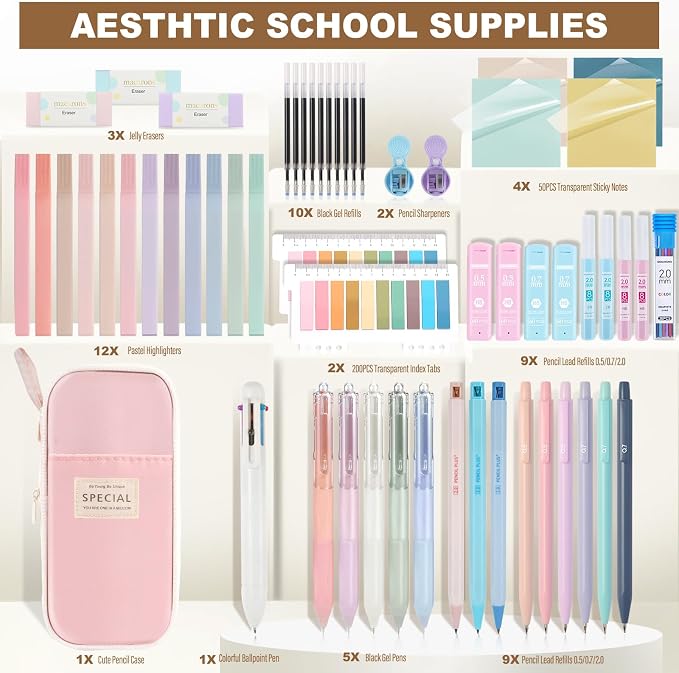 58 PCS Aesthetic School Supplies with Cute Pencil Case,12 Pastel Highlighters, 5 Gel Pens Black Ink，9 Mechanical Pencils for，Student Stationary，CollegeEssentials Gifts (pink)