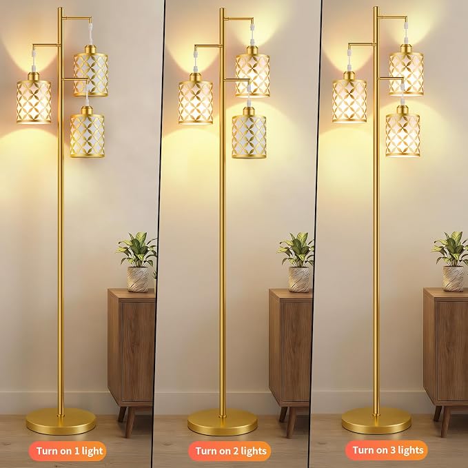 Dimmable Floor Lamp, Farmhouse Standing Lamp with Elegant Metal Cage, Industrial Tall Tree Floor Lamps for Living Room Bedroom Study Office with Remote & 3 x 1100LM 12W LED Bulbs, 72", Gold