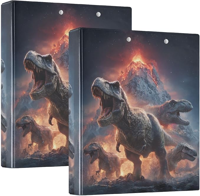 T. Rex Volcano and Dinosaur Binder 3 Ring 1.5 Inch Binder with Clipboard&Pockets, Hardcover Binders Heavy Duty Large File Folder for Office School Supplies - Holds 200 Sheets, 2 PC