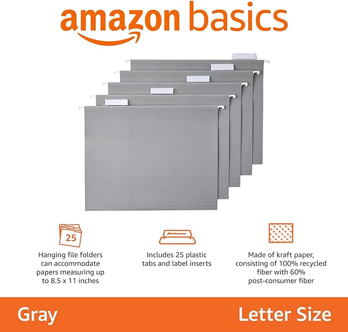 Amazon Basics Hanging File Folders with Adjustable Tabs for Document Organization, Letter Size, Gray, 50-Pack