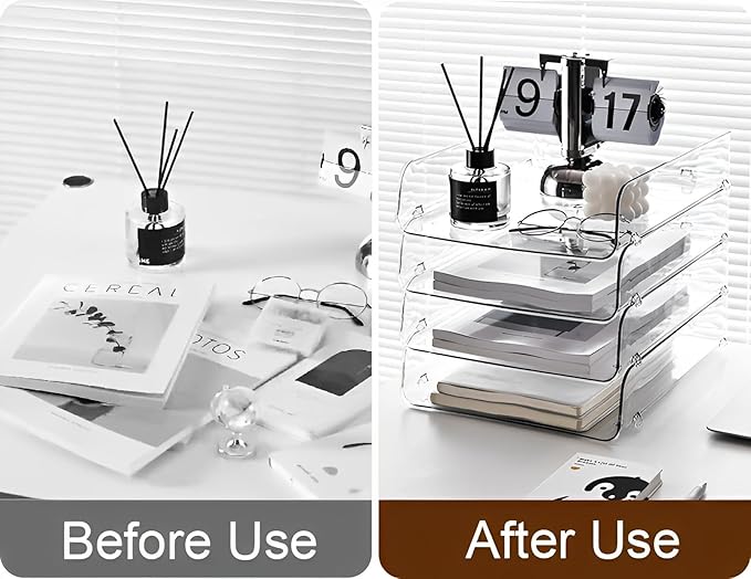 Gagee 4 Pack Paper Organizer for Desk,Clear | Acrylic Letter Tray File Organizer Stackable Documents Holder Sorter Office Tray for A4,Notes, Pens, File, Document,Magazine