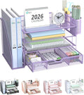WALI Desk File Organizer, 4 Tier Desktop Paper Letter Tray Organizer with Drawer and 2 Pen Holders, Office Desk Accessories & Workspace Organizers for Office, Home Supplies(DO005DH-V), 1 Pack, Purple