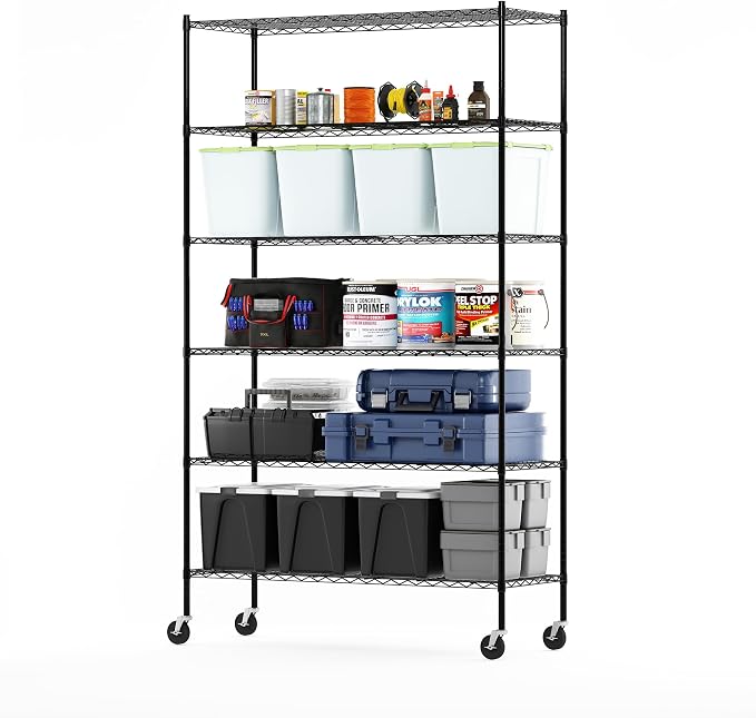 Furinno Wayar Metal Storage Shelf Rack, 6 Tiers, 48-Inch Taller, Black