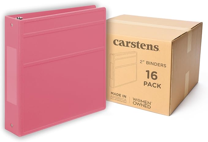 Carstens 2-Inch Heavy Duty 3-Ring Binder - Side Opening, Bubble Gum Pink, Durable Plastic, No-Gap Rings, Waterproof Cover No Pockets, Holds 300 Letter Sheets, BPA-Free Made in USA (2840-3R) Case of 16