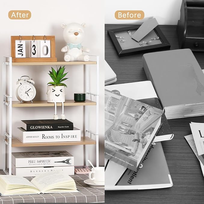 YGYQZ Desk Shelf Organizer for Top of Desk, 3-Tier Desktop Bookshelf, White & Wood