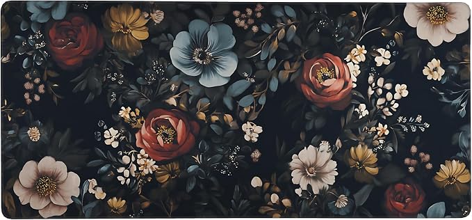 Floral Aesthetic Rose Gaming Mouse Pad, Black Dark Botanical Desk Mat with Anti-Slip Base & Stitched Edges,35.4" x 15.7" in Desk Accessories for Women, Home Office Decor & Artistic Gift