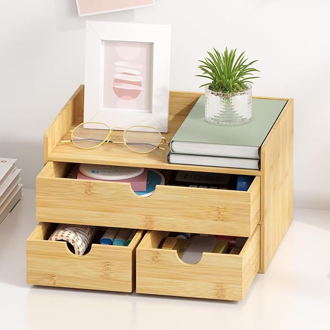 Bamboo Desk Organizer with Drawers, Desktop Storage Box for Office Supplies | 3 Drawers Desktop organizer, No Assembly Required, Natural Wood Wooden Desktop Drawers for Bills, Cosmetics, Seals, Paper