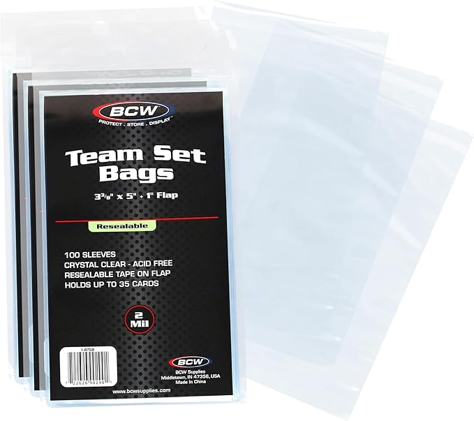 BCW Resealable Team Set Bags, Holds 35 Cards or 5 Toploaders, 400 Count | Holds up to 35 loose cards, 5 standard 35 pt toploaders, or magnetics up to 108 pt with an adhesive flap closure.