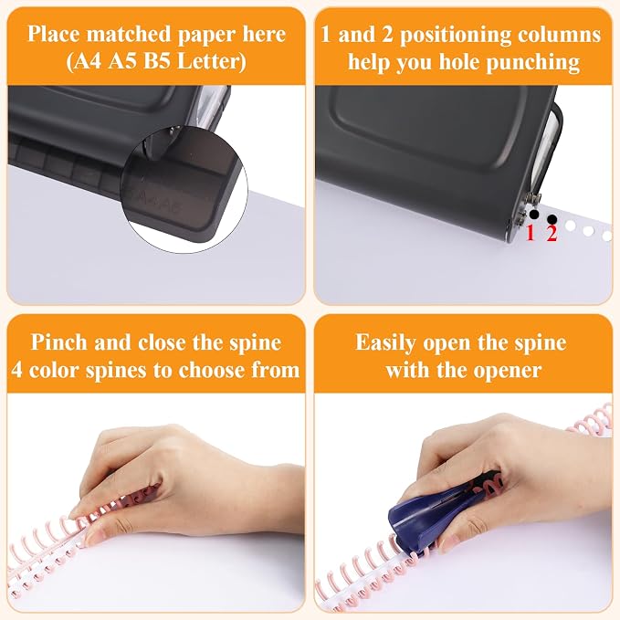 10 Hole Punch Binding Machine for Planners with 10 Multi-Color Binder Rings | 30 Holes on A4, 20 Holes on A5, 26 Holes on B5, 10 Sheet Capacity (Black)