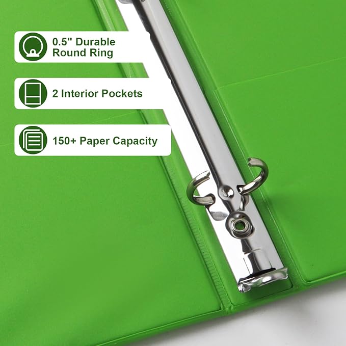 CIXILDTS 0.5-inch Round Ring Binder, Durable 1/2" 3 Ring Binder Fit Letter Size Paper, Green, 6-Pack