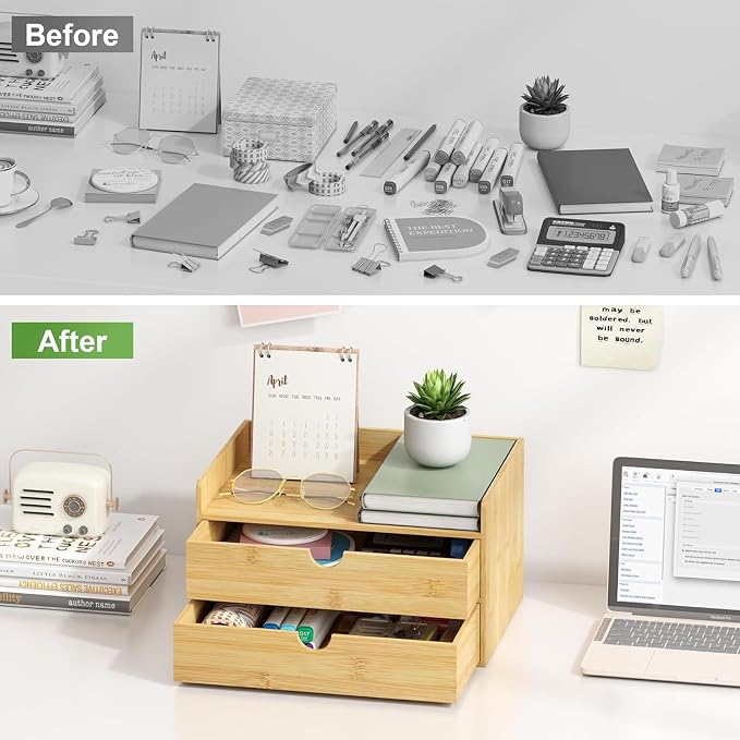 Bamboo Desk Organizer with Drawers, Desktop Storage Box for Office Supplies | 2 Drawers Desktop organizer, No Assembly Required, Natural Wood Wooden Desktop Drawers for Bills, Cosmetics, Seals, Paper