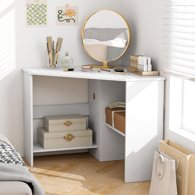 Tangkula White Corner Desk - 90 Degrees Triangle for Computer, Small Space, Bedroom, Makeup Vanity Desk with Storage Shelves & CPU Stand, Space Saving Writing Desk