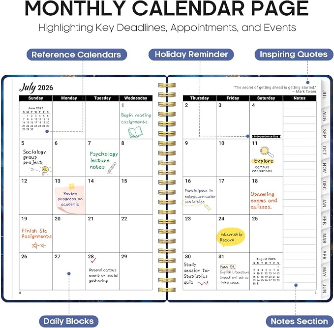 Planner 2026-2027, Monthly & Weekly Jul 2026-Jun 2027 Calendar Book | 6.3" x 8.5", Hardcover Spiral Planner with Tabs, School Pretty Agenda for Women, Students, Teachers, Celestial Current