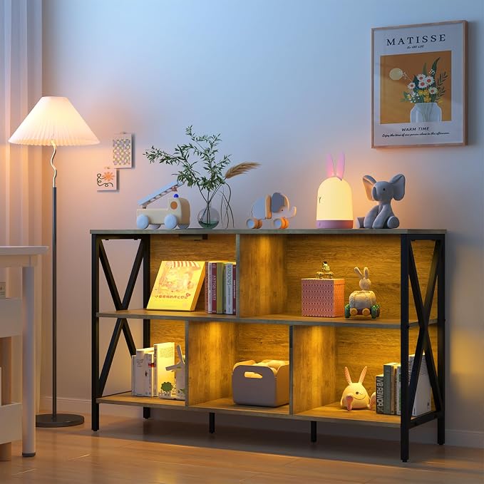 47" 5 Cube LED Bookshelf, Industrial Wood Metal Low Wide Bookcase, Oak | Multicolored LED lights, 320lbs heavy duty, 30-min assembly, open cubby storage, for living room game room
