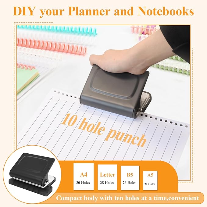 10 Hole Punch Binding Machine for Planners with 10 Multi-Color Binder Rings | 30 Holes on A4, 20 Holes on A5, 26 Holes on B5, 10 Sheet Capacity (Black)