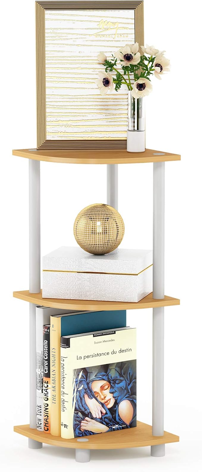 Furinno TURN-N-TUBE Corner Shelf, 3-Tier Corner Bookshelf, Display Storage Shelves with Open Shelves, for Organization and Storage, Living Room, Home Office, Garage, Beech