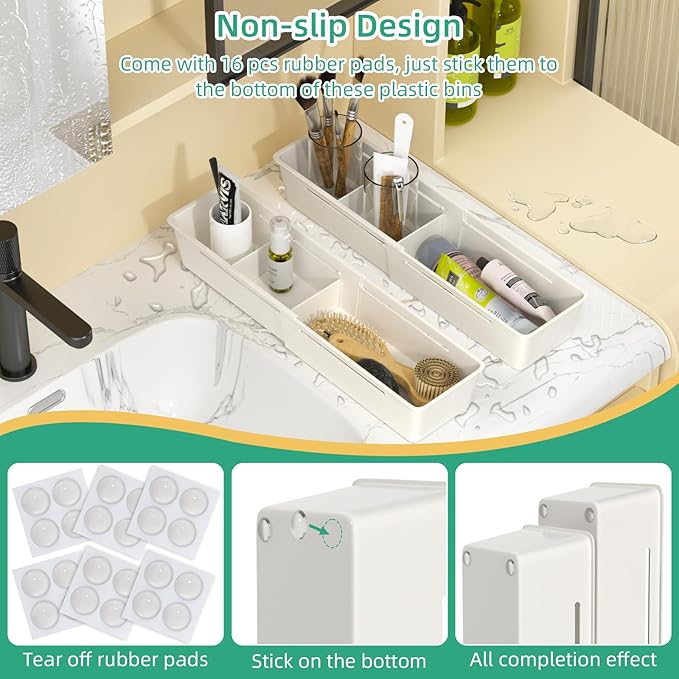 4 Pack Expandable Drawer Organizer, Desk Drawer Organizer Tray | 8 pcs Dividers Adjustable, 16 pcs Non-Slip Feet, Organizer Bins for Junk, Office, Makeup, Kitchen Utensil, Plastic, White
