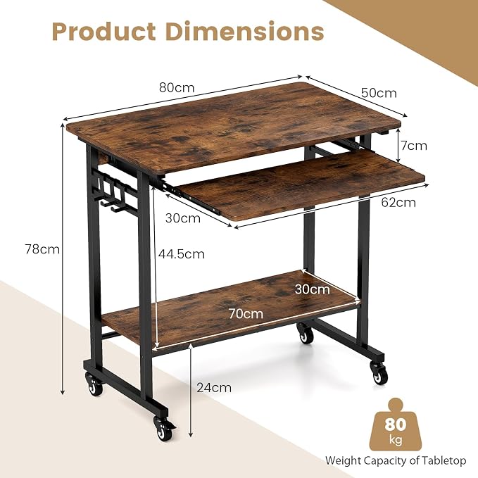 GIANTEX Rolling Computer Desk, Mobile Portable Desk with Keyboard Tray & Wheels, Laptop PC Table Cart with Shelf & Hooks, Industrial Small Desk for Small Spaces, Home Office, Bedroom, Rustic Brown