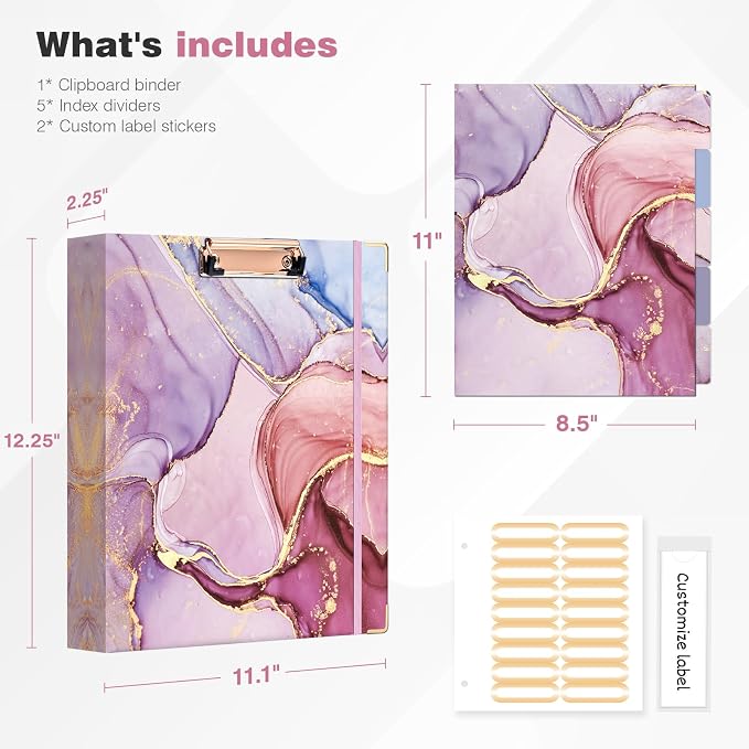 Ospelelf 3 Ring Binder 1.5 Inch, Pink Clipboard Organizer for Letter Size Documents (11" x 8.5") with 5 Tab Dividers, File Folder Labels, Paper Marble Binders for School and Office Supplies