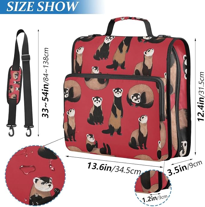 3 Ring Zipper Binder with Shoulder Strap Ferrets Red 2 Inch Zippered Binder Bag 500 Sheet Capacity Multi Pockets for School Supplies