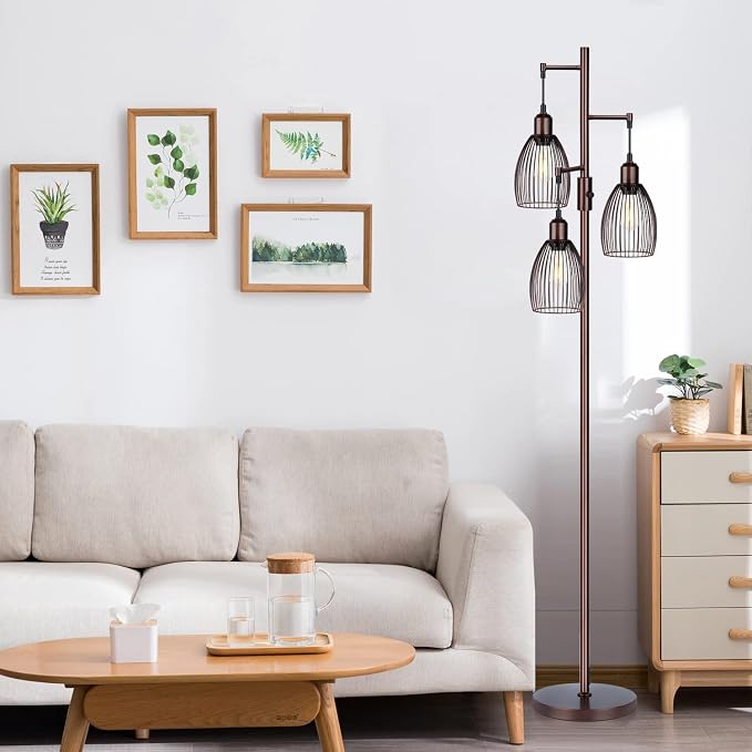 Torondo Dimmable Floor Lamp, Industrial Floor Lamps for Living Room, Brown Tree Lamp Standing Lamp Tall Lamps with 3 Elegant Teardrop Cage Head & 800 Lumens LED Bulbs for Living Room Bedroom Office