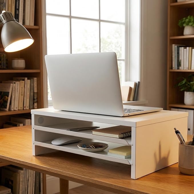 Fenge 14.3-Inch Monitor Stand with Slide-Out Trays, Wood & Metal Desk Shelf | 3-Tier Space-Saving Desk Storage Organizer, Fits Computer, Laptop, Printer and Telephone
