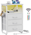 runjuly End Table Small with LED Light, Charging Station, and Hooks, White | 3 Fabric Drawer Storage, Type C & USB Ports & Power Outlets, Modern Nightstand for Living Room / Bedroom / Dorm