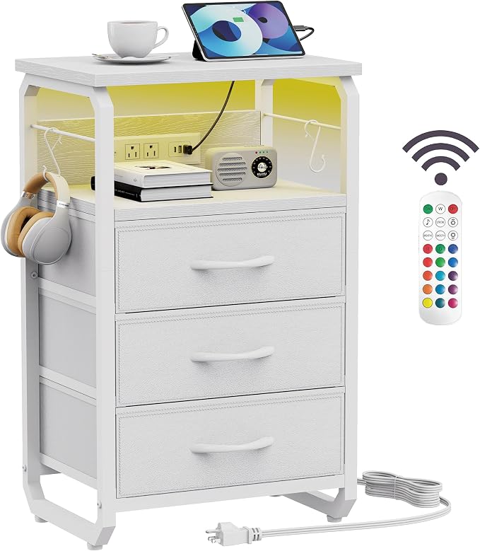 runjuly End Table Small with LED Light, Charging Station, and Hooks, White | 3 Fabric Drawer Storage, Type C & USB Ports & Power Outlets, Modern Nightstand for Living Room / Bedroom / Dorm