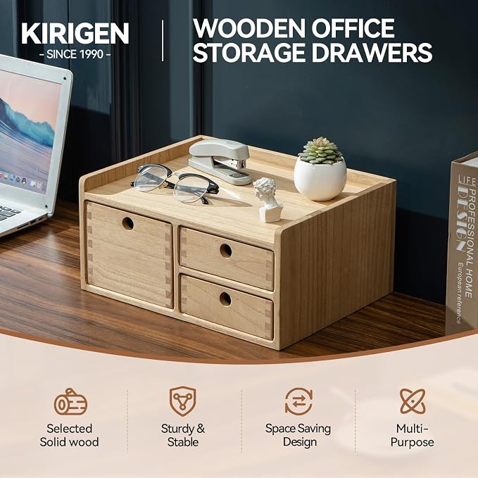 KIRIGEN Wooden Desk Organizer with 3 Drawers and Top Tray Natural DT1D3C-NA | 3-Drawer Cabinet with Top Tray Stores Office Supplies, Toiletries, Tools, Crafts, and Small Accessories on Desks or Counters