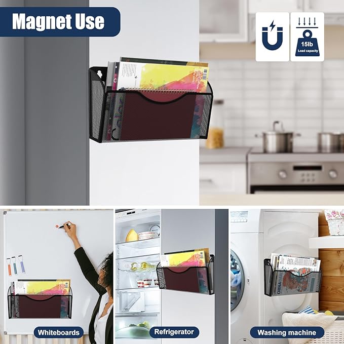 LQPAFZ Magnetic File Holder 2 Pockets File Folder Organizer, Office Hanging Magazine Rack for Refrigerator, White Board, No Drilling Paper Document Holder Mail Organizer for File Cabinets