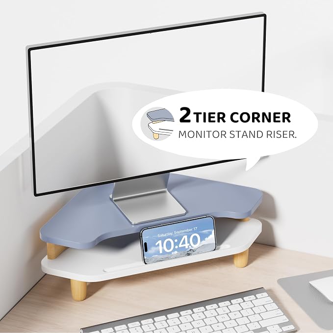 AFOOYO Monitor Stand Riser,2 Tier Corner Wood Sturdy 16.5In Computer Stand, Multi-Purpose Desktop Storage Stand for Laptop,PC,iMac,Printer,Computer,Blue