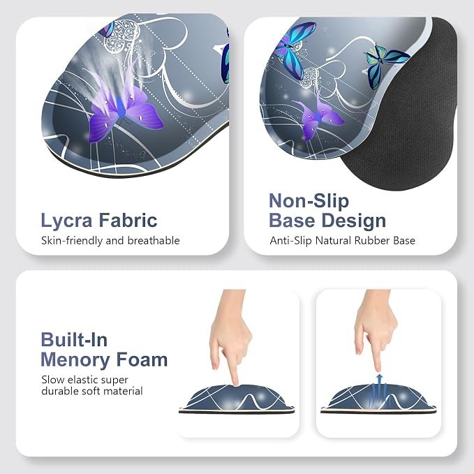 Cute Butterfly Desk Mat, Florals 4 in1 Large Gaming Mouse Pad Set, Ergonomics Keyboard Pad with Memory Foam Wrist Rest, Extended Game Mousepad Non-Slip Desk Protector Matt Easy Typing Pain Relief