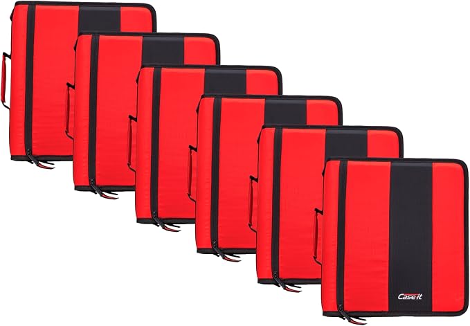 Case-it Zipper Binder | 2-Inch O-Rings | 350-Sheet | D-251 Fire Engine Red | Classic, Multiple Storage Pockets, Shoulder Strap, School & Office Organizer, 6-Pack